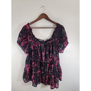 Torrid Velvet Black And Pink Velvet Burntout Baby Doll Blouse Size 1X